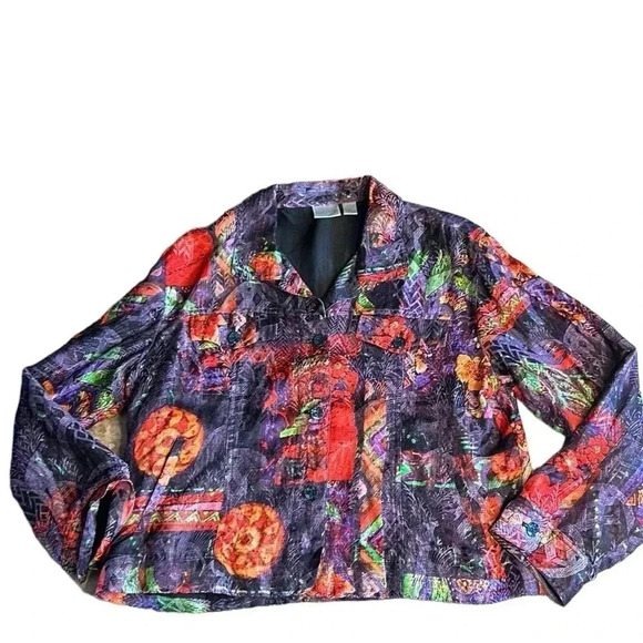 Chico s blazer , women size 2 . Linen ,silk , multi colored abstract,boxy,button - Picture 5 of 16